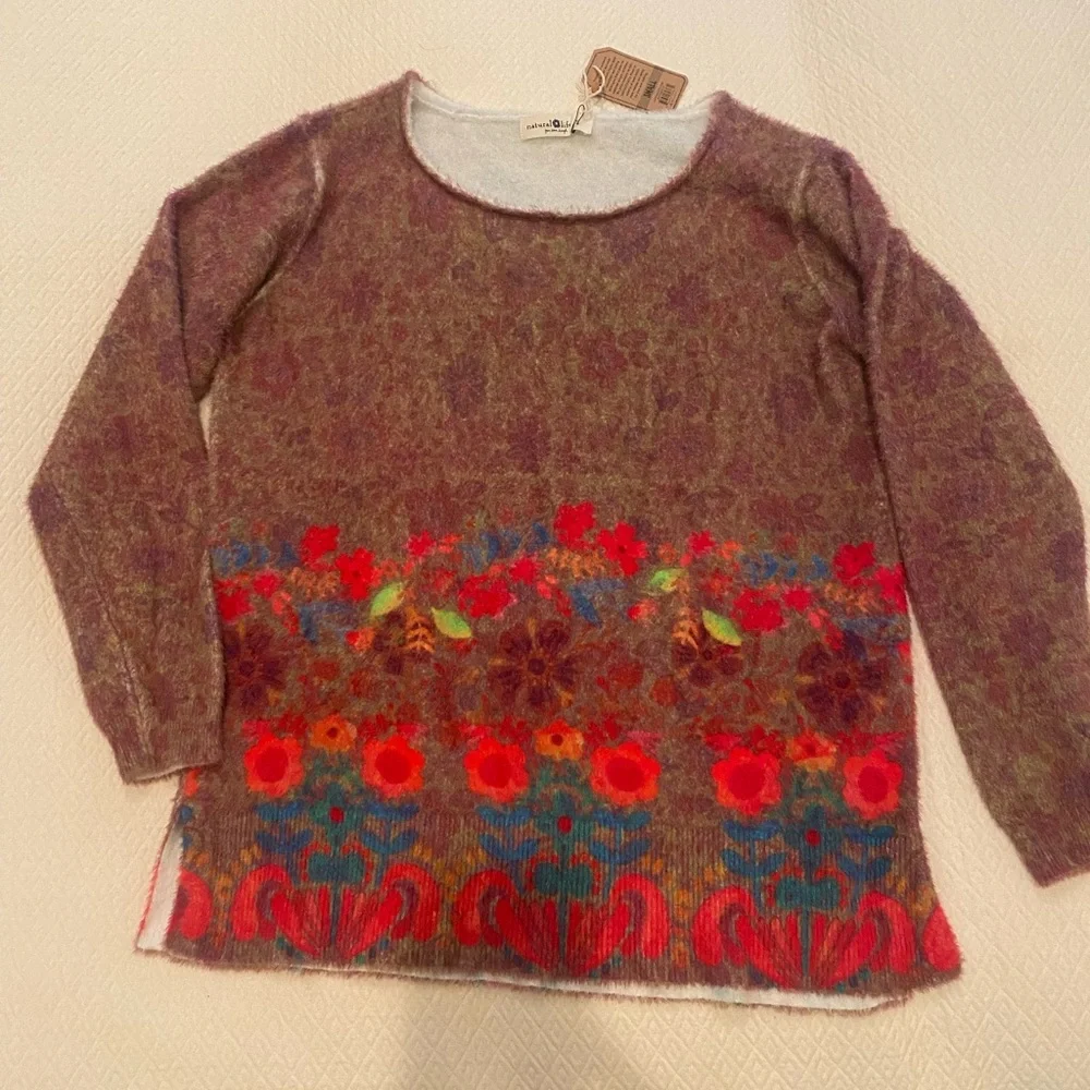 NATURAL LIFE Purple Floral Crewneck Sweater with Pink & Blue Accents - Picture 2 of 7
